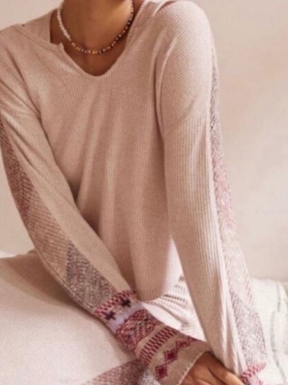 Anthropologie Daily Practice Pink Knit Sweater Patterned Sleeve Crop Blouse XS
